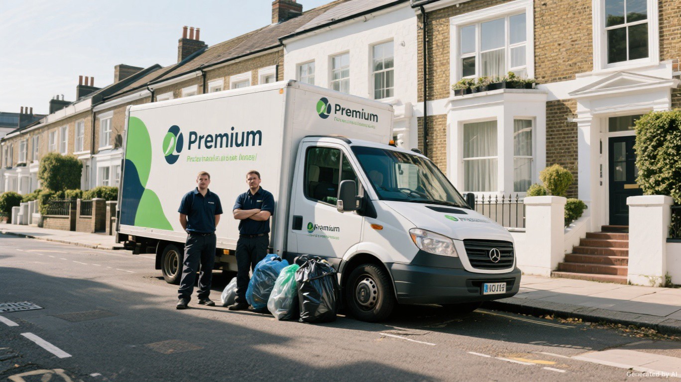 Professional rubbish removal team and van on a Fulham street
